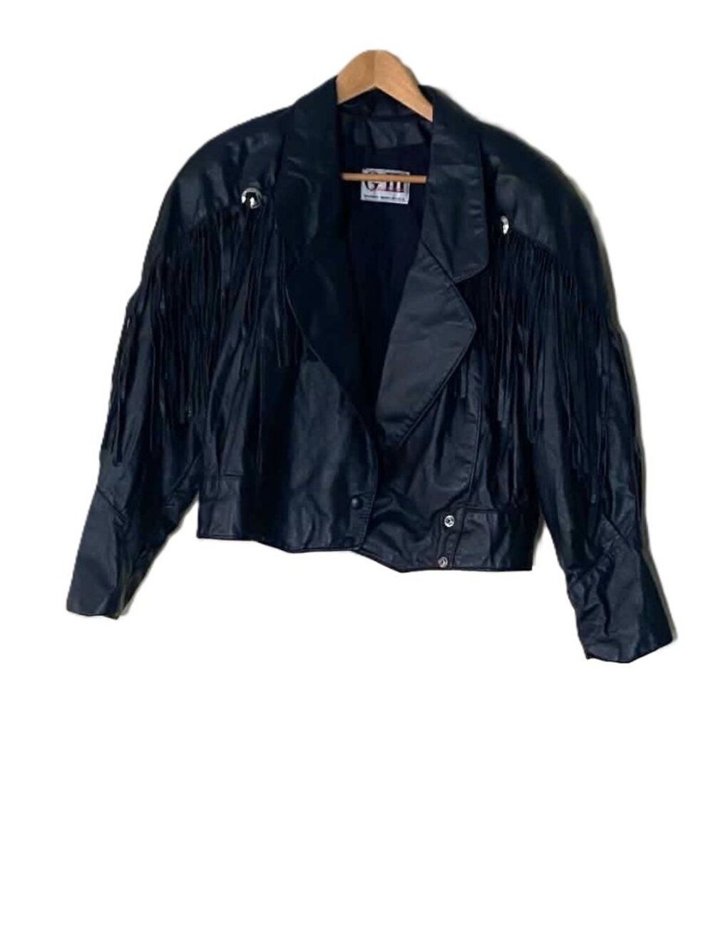 Vintage G-III Leather Fashions M-L Black Fringe Leather Moto Jacket USA